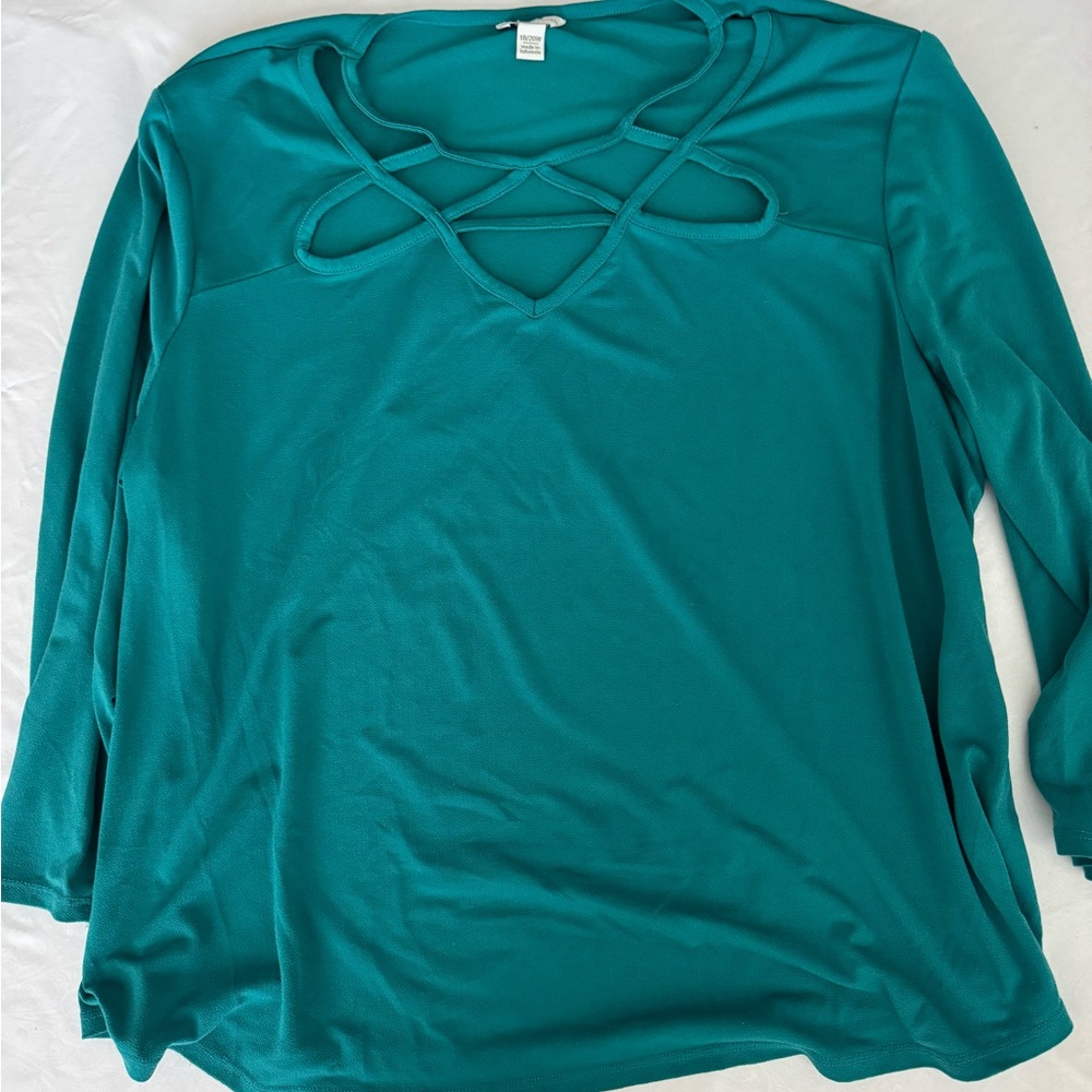 Elegant Teal Women's Blouse with Unique Neckline